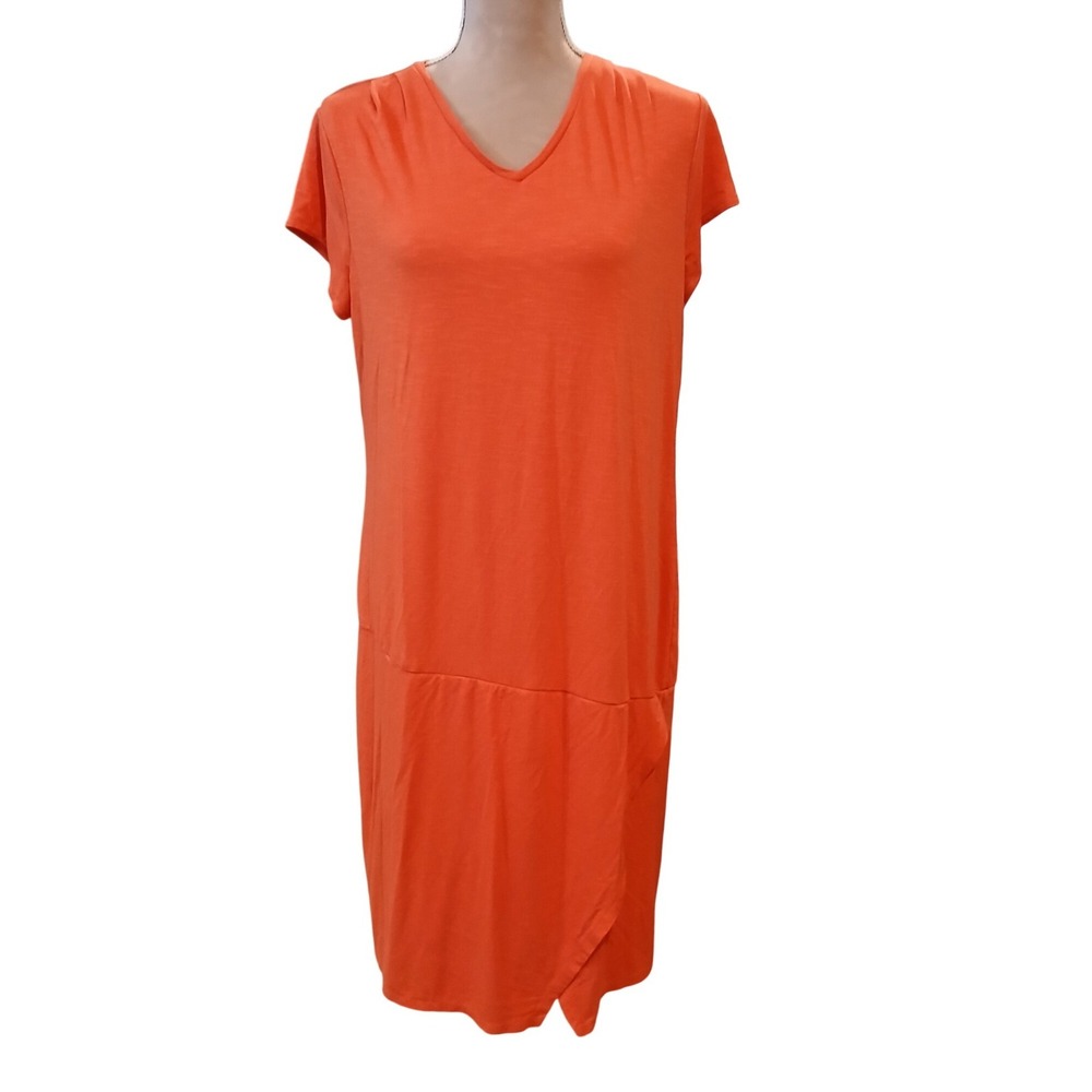 Chico's Large Mango Orange Slub Knit V-Neck Tulip Hem T-Shirt Dress Size 2